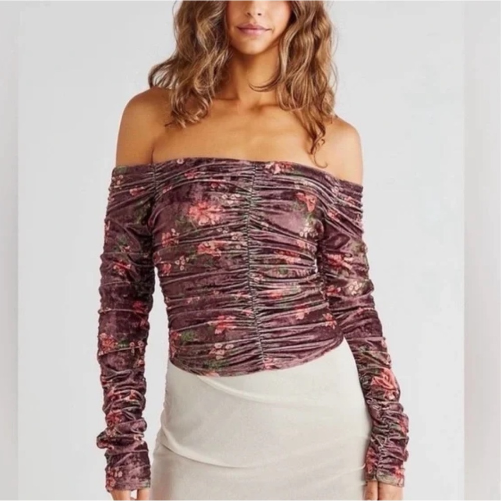 NWOT Free People Reina Velvet Floral Off Shoulder Ruched Top XS Wine Color